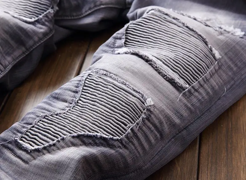 2020 мужские рваные байкерские джинсы плиссированные прямые обтягивающие