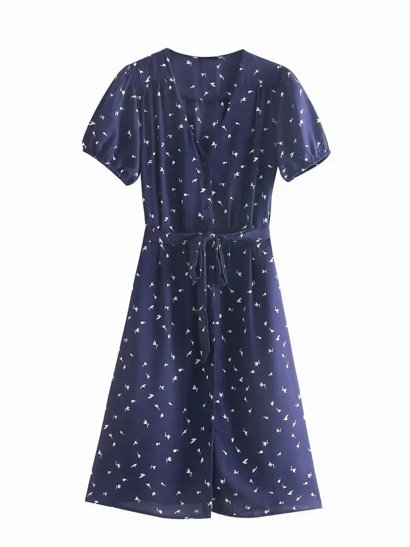 Платье женское платье Лето 2019 Новая мода принты темно синий шифон v образный