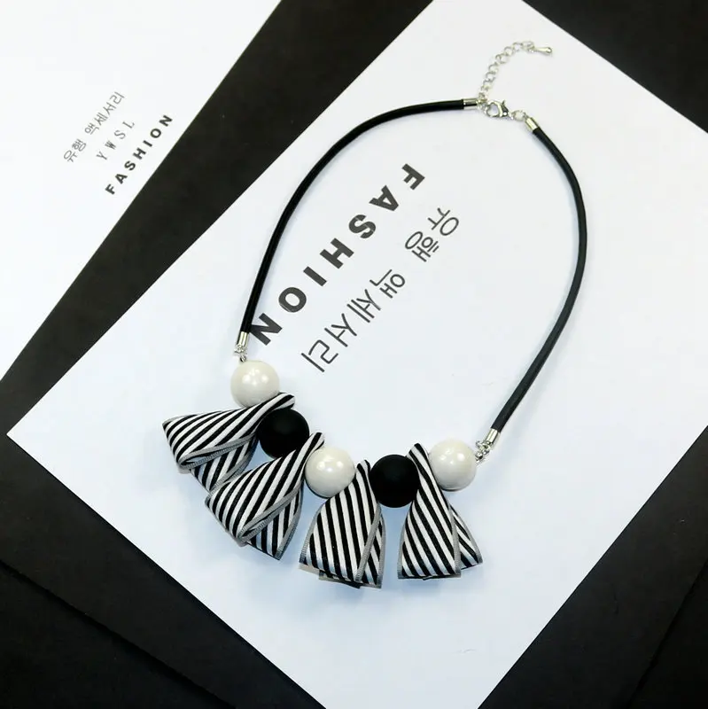 striped Новое индивидуальное женское ожерелье с кулоном из ткани с бантом, бусинами, веревкой, цепочкой, ожерелье, модное ювелирное изделие, длинный свитер, аксессуары - Окраска металла: striped