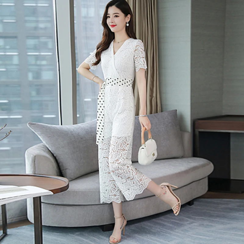 CHICEVER летний белый кружевной принт Женский костюм V образным вырезом короткий рукав пуловер Топы с молнией Fly лодыжки длина широкие брюки наборы