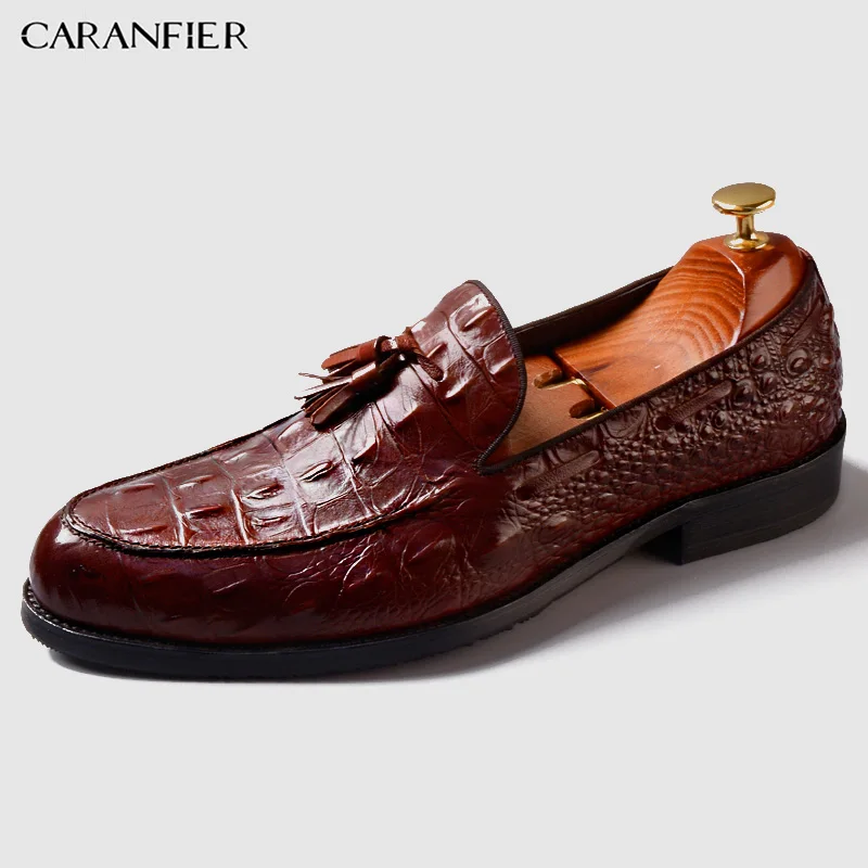 Burgundy CARANFIER/Мужская обувь из натуральной кожи с круглым носком; Высококачественная Повседневная дышащая мужская модельная обувь с бахромой и крокодиловым узором - Цвет: Burgundy