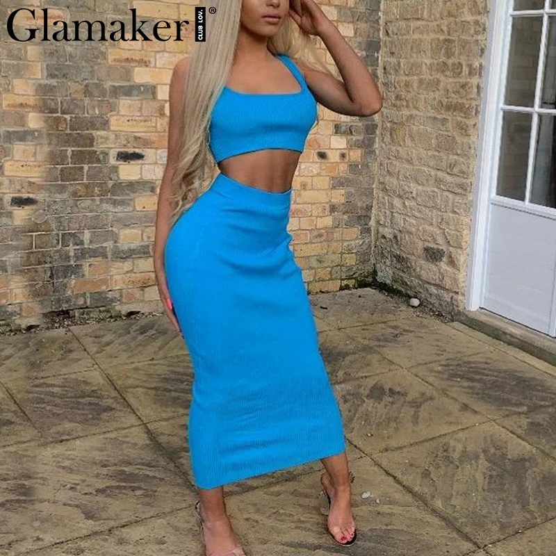 Синий Glamaker, костюм из двух частей, облегающее платье, женский укороченный топ, весна-лето, высокая талия, платье миди, женское элегантное платье для вечеринки, Новинка - Цвет: Синий