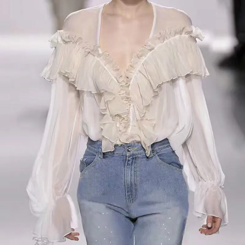 

Sexy Deep V-Neck Ruffled Chiffon Shirts Retro lantern Sleeve Pleated Blouses Splice Flounce Thin Transparent Tops 2018