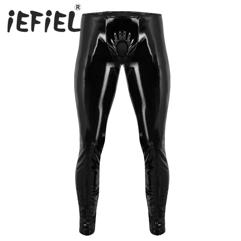 IEFiEL, модное сексуальное мужское белье, блестящие, лакированная кожа, обтягивающие штаны, леггинсы, брюки с отверстием для пениса, клубная одежда