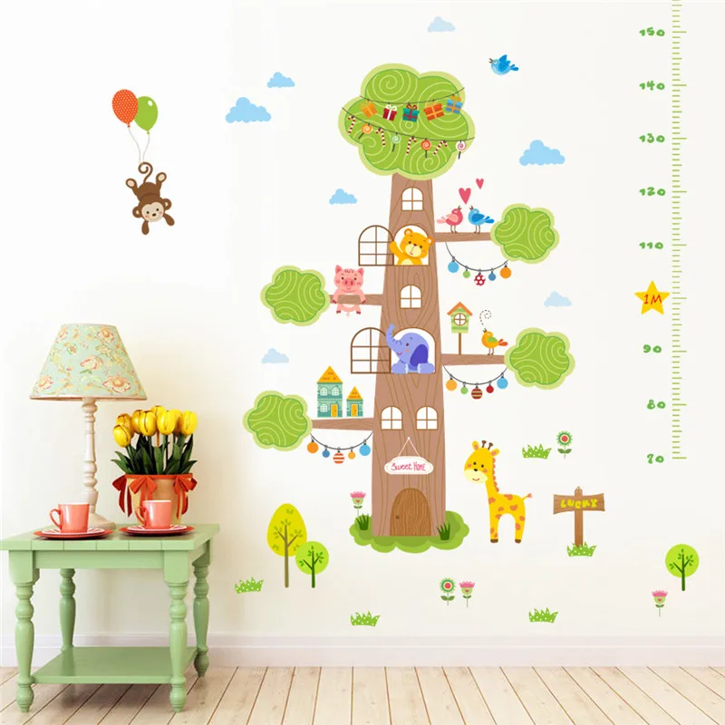 Лес Животные Дерево дом Высота Мера настенные наклейки для детей комнаты