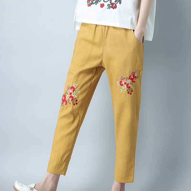 Kymakutu китайский Стиль Broderie Лен Pantalon женская одежда эластичный пояс осень Mujer с