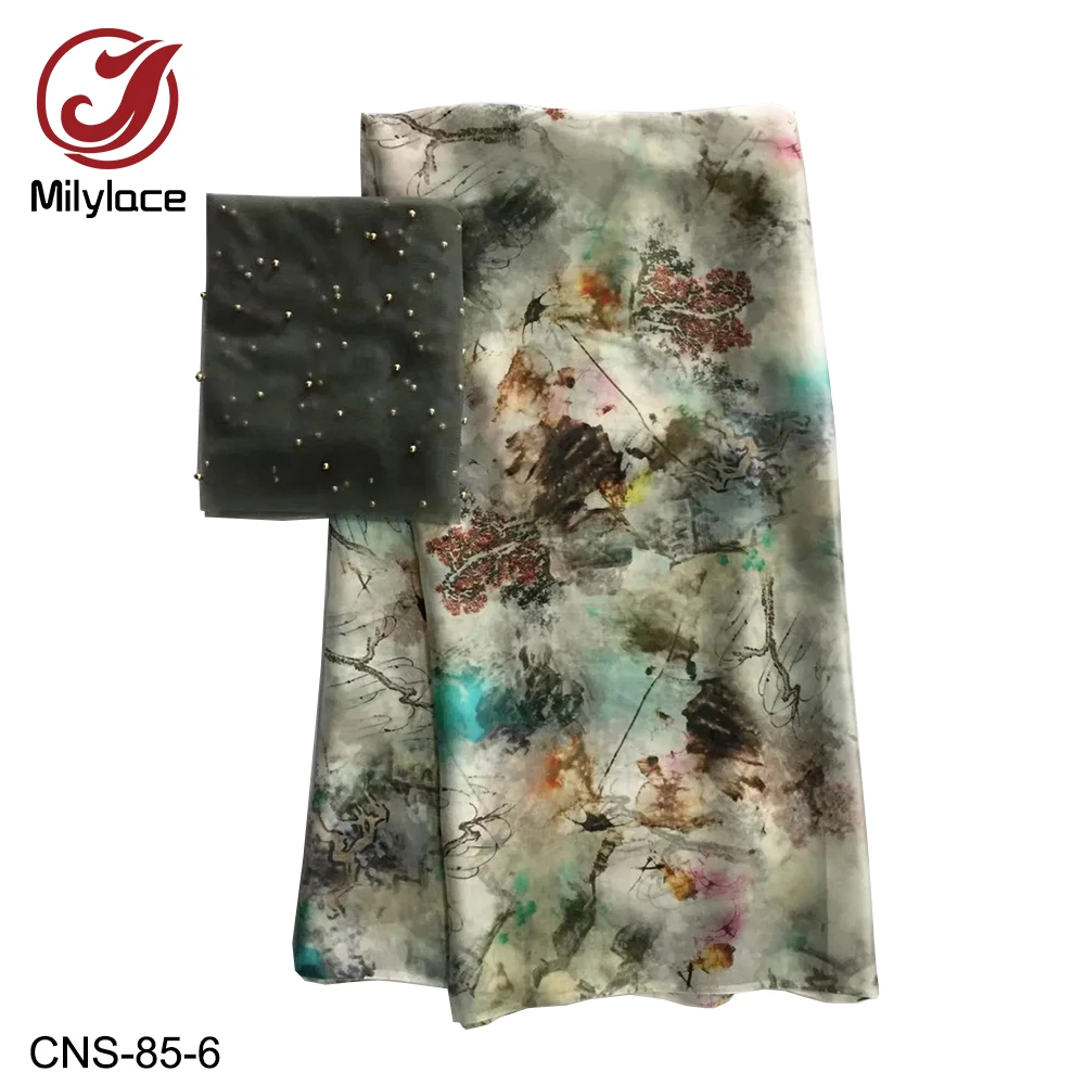 Натуральный шелк с цветочным принтом высокое качество 5 ярдов+ французский бисер тюль кружевной ткани 2 для платья CNS-85