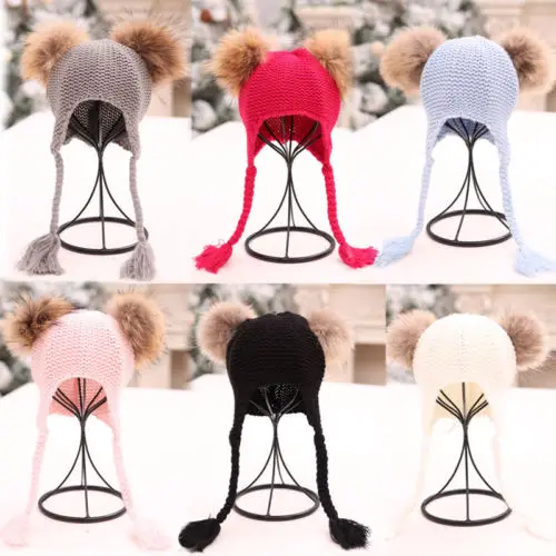 Новая зимняя теплая вязаная шапка для малышей двойные шапки с помпонами из