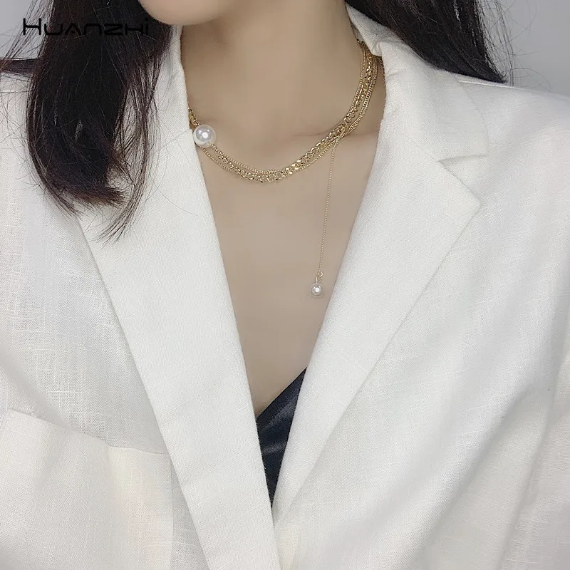 HUANZHI 2019 шикарный имитация чокер из жемчуга многослойный металлический точечный
