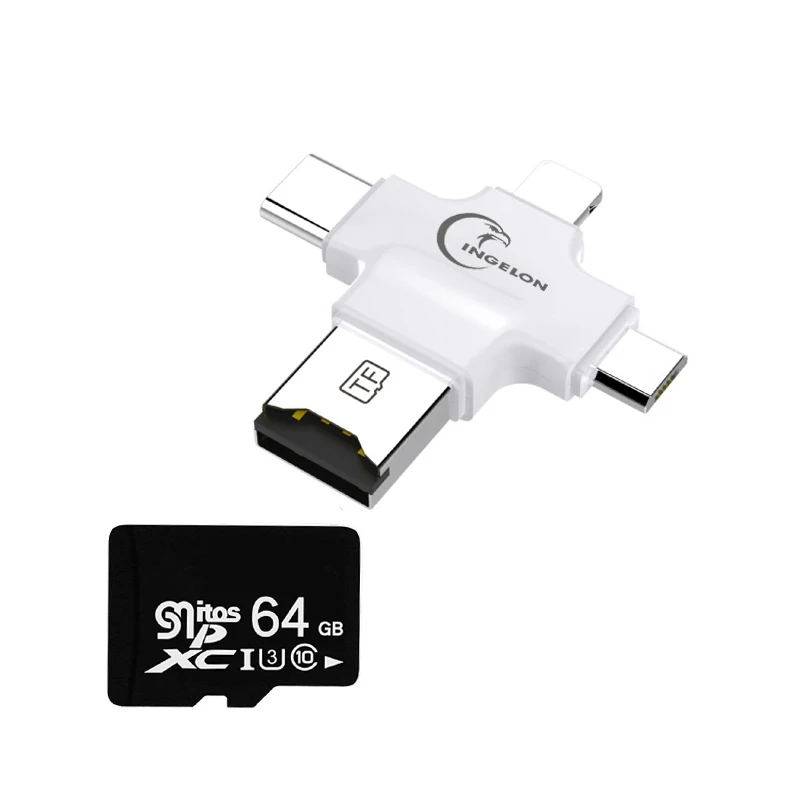 Ingelon 4in1 USB2.0 OTG Lightning Тип-C устройство чтения карт памяти карта mirco-SD для устройства чтения sd-карт "сделай сам" для iphone 6 7 8 плюс samsung S8 S9 - Цвет: CardReader-TF64G