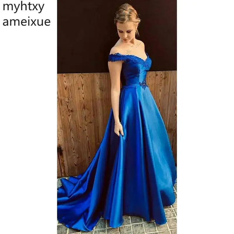

Элегантные вечерние платья большого размера с открытыми плечами, королевское синее сексуальное атласное выпускное платье, длинное вечерне...