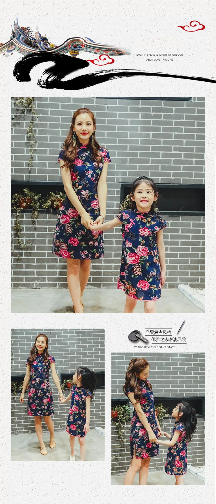 Летнее платье из хлопка для девочек Cheongsam дети Для женщин Платье с цветочным принтом качество платья для мам и дочек Семейные комплекты