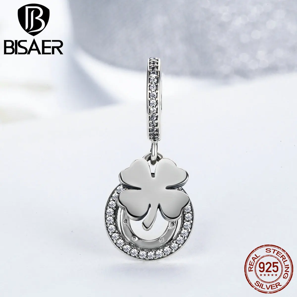BISAER 925 пробы Серебряный счастливый цветок клевера CZ подвеска талисманы подходит браслет Дружба бусины с клевером для изготовления ювелирных изделий EDC117
