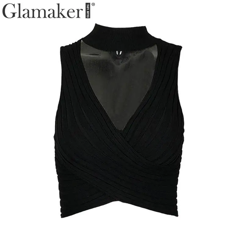 Черный Glamaker, Холтер, глубокий v-образный вырез, вязаный, Сексуальный Топ для женщин, майка, женский, для клуба, уличная одежда, майка, топ, короткий,, облегающий, черный, майки и майки - Цвет: Черный