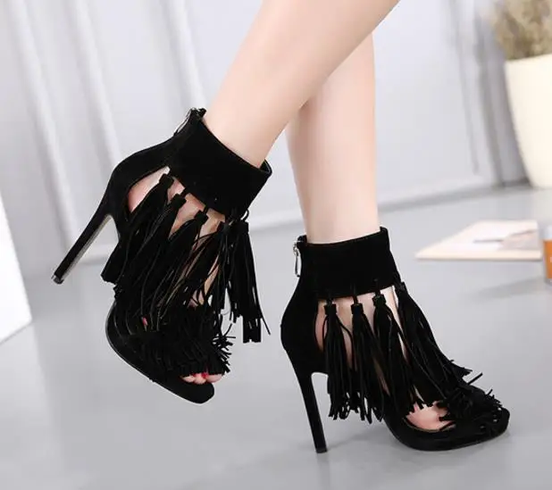 Лето горячая новая мода женщины кисточкой peep toe zip платье сандалии обувь высокого