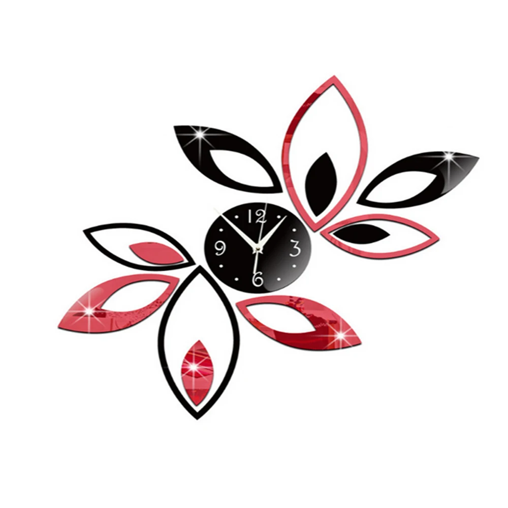 3D часы серебро черный большой цветок кварцевые акриловые зеркальные настенные