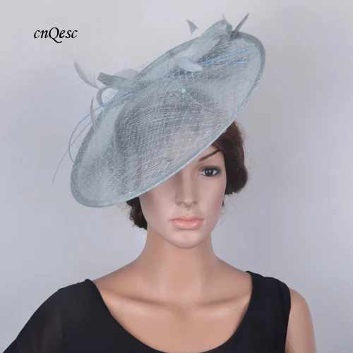 PALE BLUE Винный большой головной убор Sinamay База блюдце очарование hatinator королевская Свадебная шляпка w/страуса позвоночника и вуали для гонок, Кентукки Дерби, церкви - Цвет: PALE BLUE