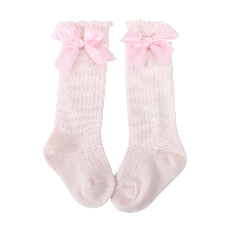 Pink baby socks Носки принцессы с бантом для девочек Детские аксессуары, Хлопковые гольфы для маленьких девочек, полосатые рождественские детские носки для От 0 до 7 лет - Цвет: Pink baby socks