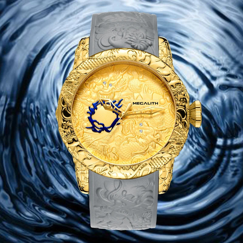 MEGALITH роскошные золотые скульптура дракона часы спортивные полностью стальные