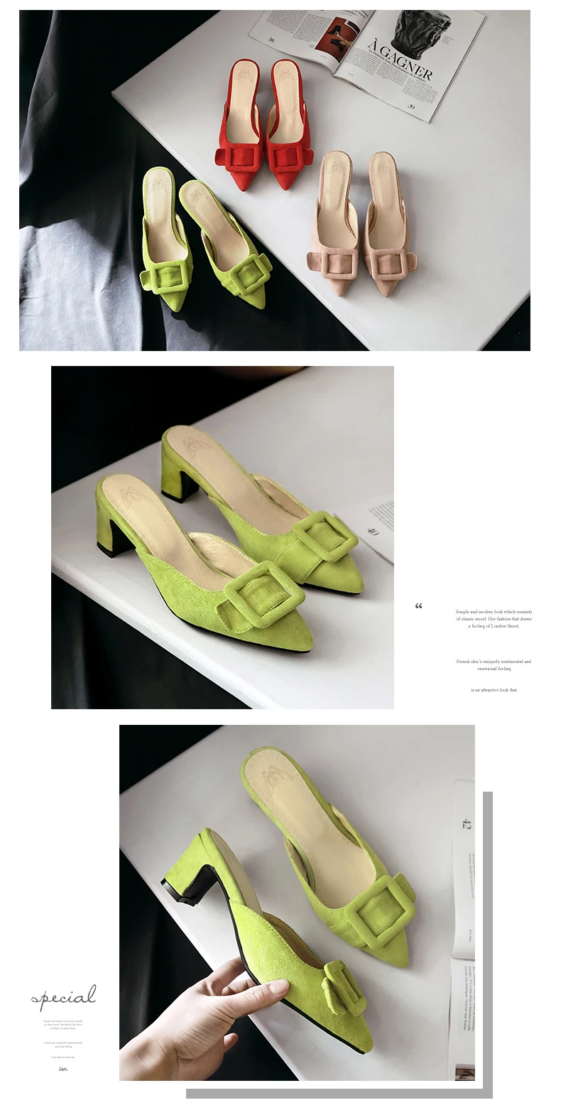 B2-7 Size 33-46 Girls Sweet Solid Colors Slippers Ladies Pointed Toes Plus Size Slides Woman High Heels Shoes Women Daily Shoe