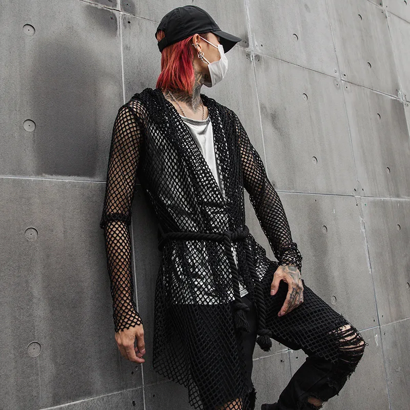 Для мужчин Slim Fit повседневное сетки полый Пояс Тренч с капюшоном кардиган мужской уличной хип хоп панк готический плащ куртка летняя одежда