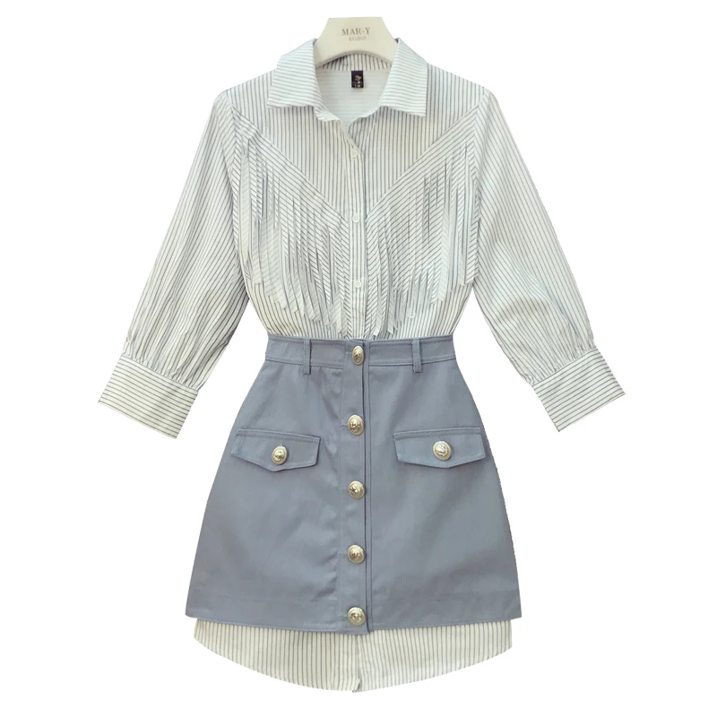 ALPHALMODA/Новое модное платье рубашка с бахромой + джинсовая юбка комплект из 2