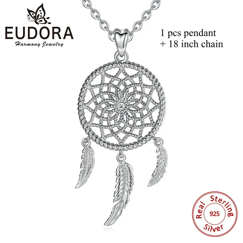 with 18 inch chain Ожерелье-Ловец снов из стерлингового серебра EUDORA с прозрачным фианитом и 3 перьями boho ювелирные изделия «Ловец снов» Для женщин D422 - Окраска металла: with 18 inch chain