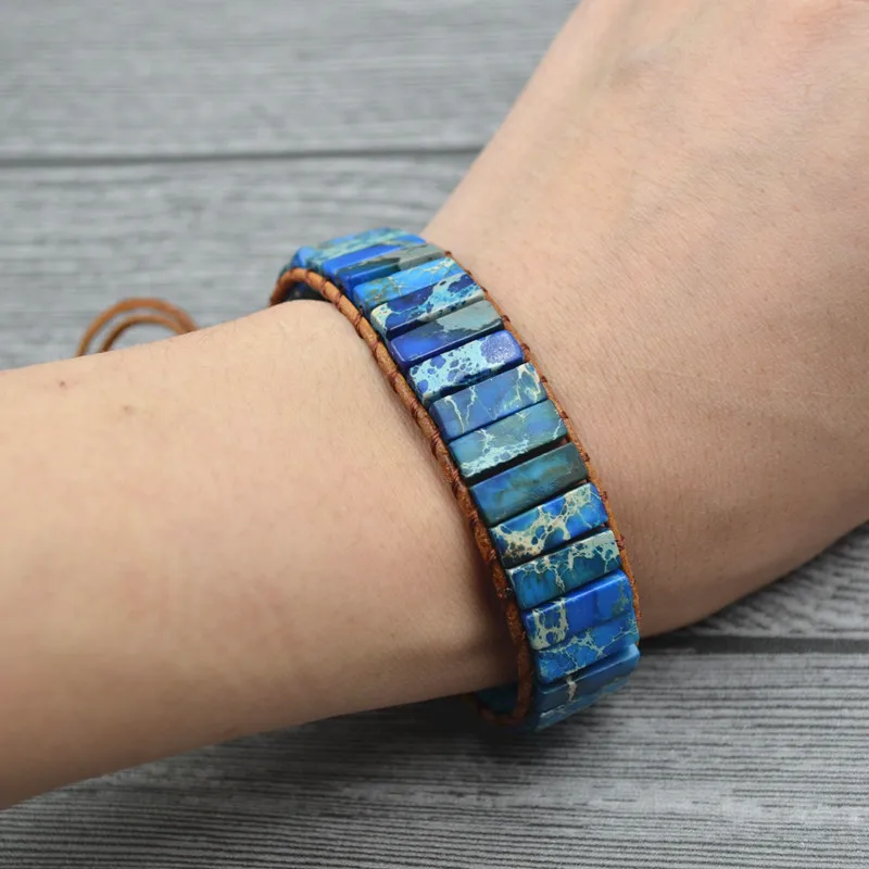 Браслет Boho с голубым узором из натурального камня кожаный браслет камнем манжеты