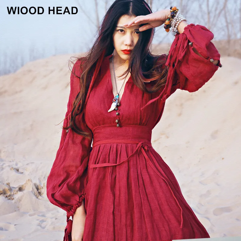 Женское красное платье макси в национальном стиле свободное из хлопка и льна