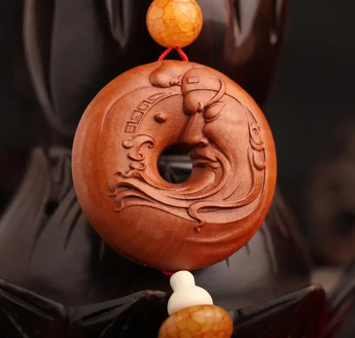 Китайская резная статуя Гуань Гонг Юй из персикового дерева голова безопасная и