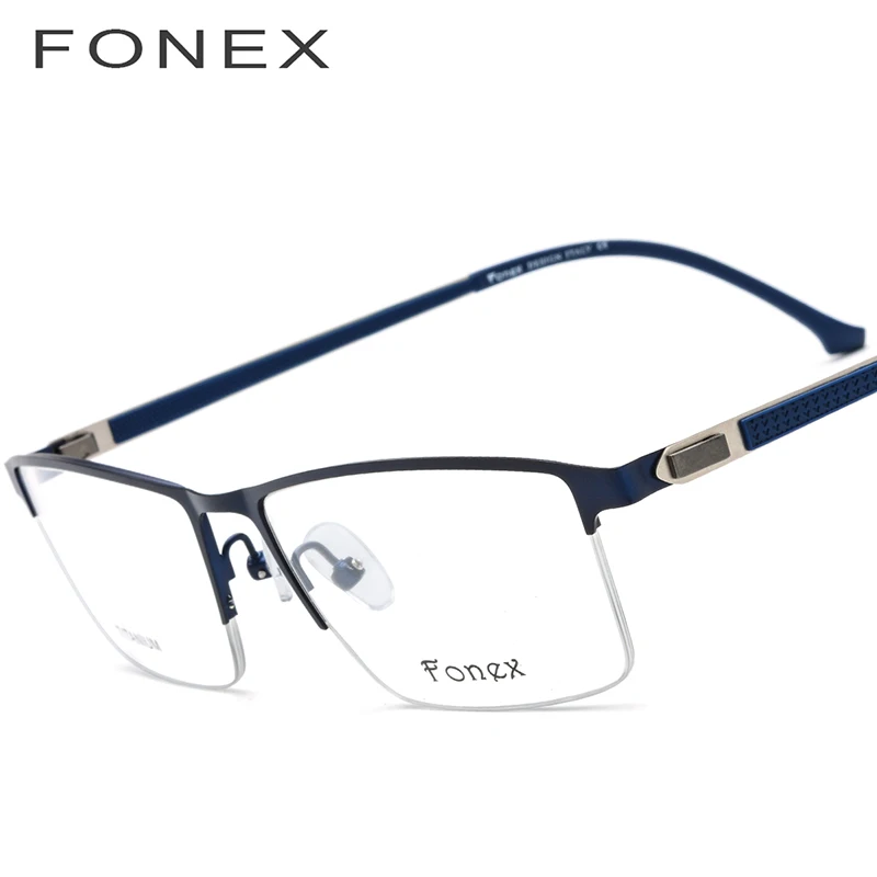 FONEX, сплав, оправа для очков, для мужчин, новинка, мужской квадратный светильник, очки по рецепту, полублизорукость, оптические оправы, Безвинтовые очки 9843 - Цвет оправы: Синий