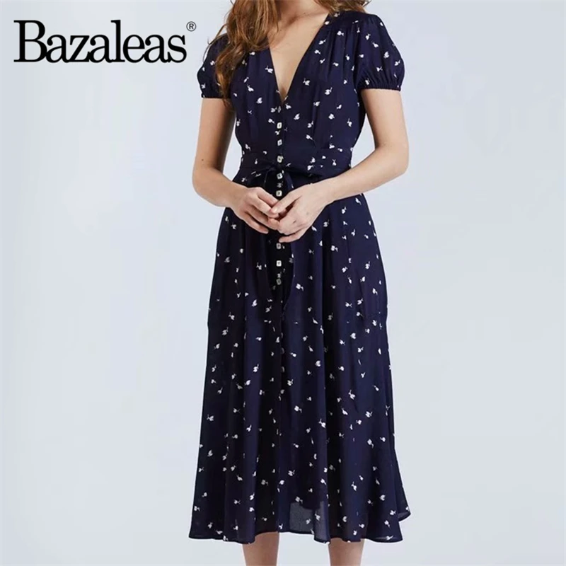 Женское винтажное платье миди Bazaleas с коротким рукавом и треугольным вырезом в