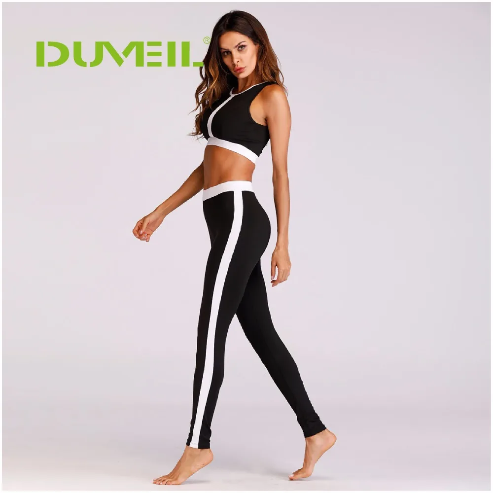 

Black and White Women Splicing Sportswear Moisture Absorption Yoga Fitness Suit Vest+Yoga Pants Set Bodybuilding Gym Running