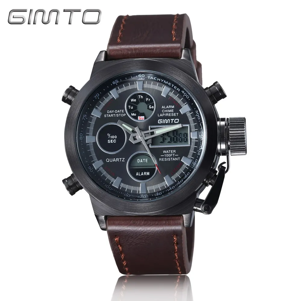 Leather black Brown GIMTO Для мужчин смотреть кварц цифровые спортивные часы Для мужчин кожа нейлон LED Военный армии Водонепроницаемый дайвинг наручные часы Для мужчин часы - Цвет: Leather black Brown