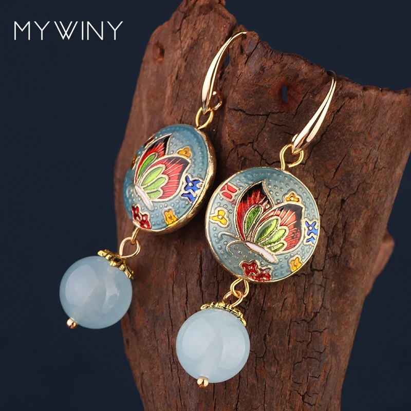 Новые модные ювелирные изделия MYWINY, медные ювелирные изделия, Перегородчатые цветы лотоса, Винтажные серьги-бабочки для женщин, китайский ветер