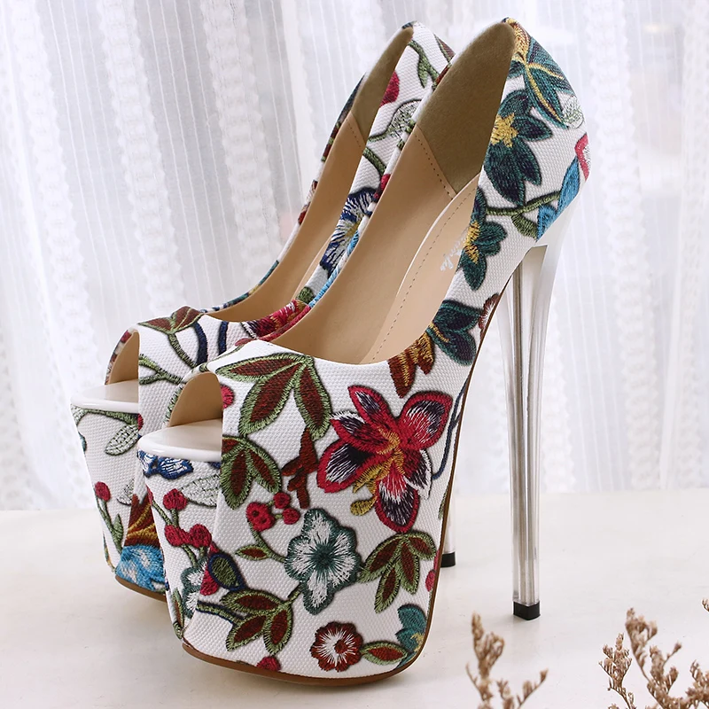 LLXF zapatos/Большие размеры: 34-42, 43, Летние Босоножки с открытым носком и цветочным принтом пикантные туфли на тонком высоком каблуке 20 см для ночного клуба женские туфли-лодочки на шпильке