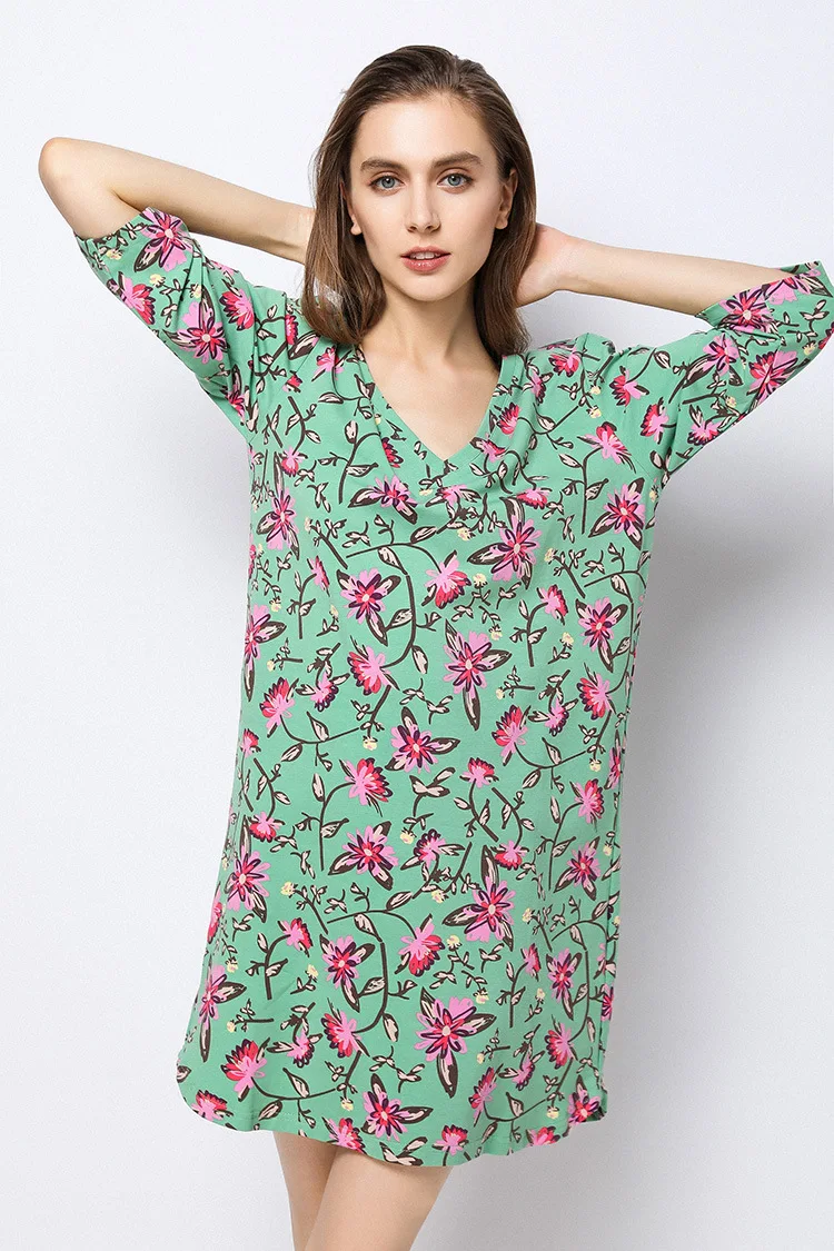 Nightgowns for Women V-neck Flora Printed Loose Casual Home Dress Sexy Lingerie Sleepwear Sleepshirts Nightdress | Женская одежда