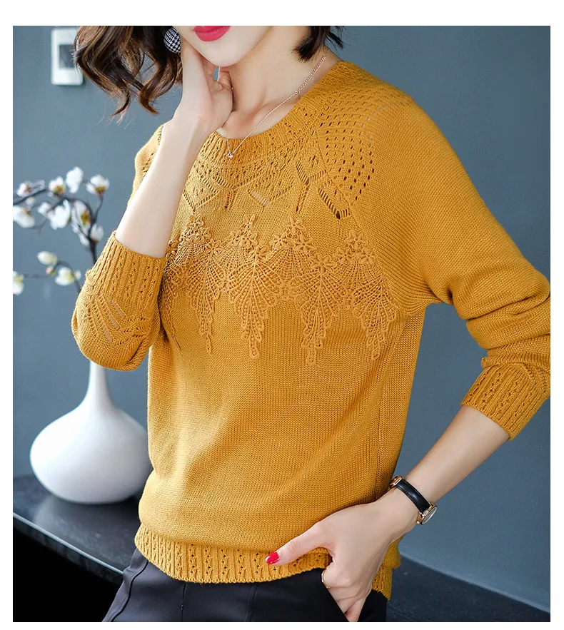 Королевский вышитый цветок осень свитер Женская выдалбливать свитера и пуловеры