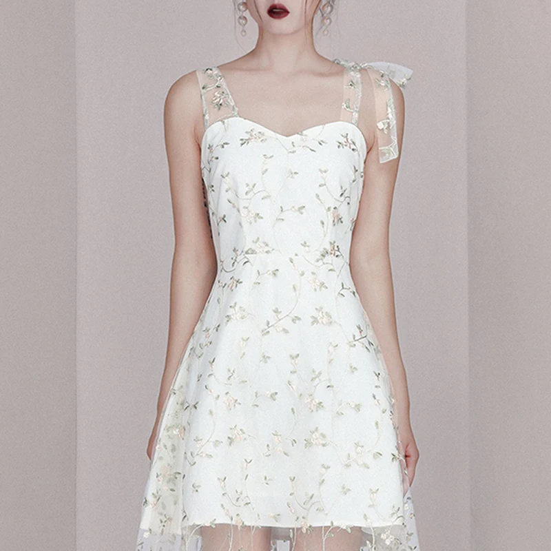 Max Spri 2019 New Style Women Dress V Neck Floral Spaghetti Strap Sleeveless Lace Up A-line Summer White Office Lady | Женская одежда