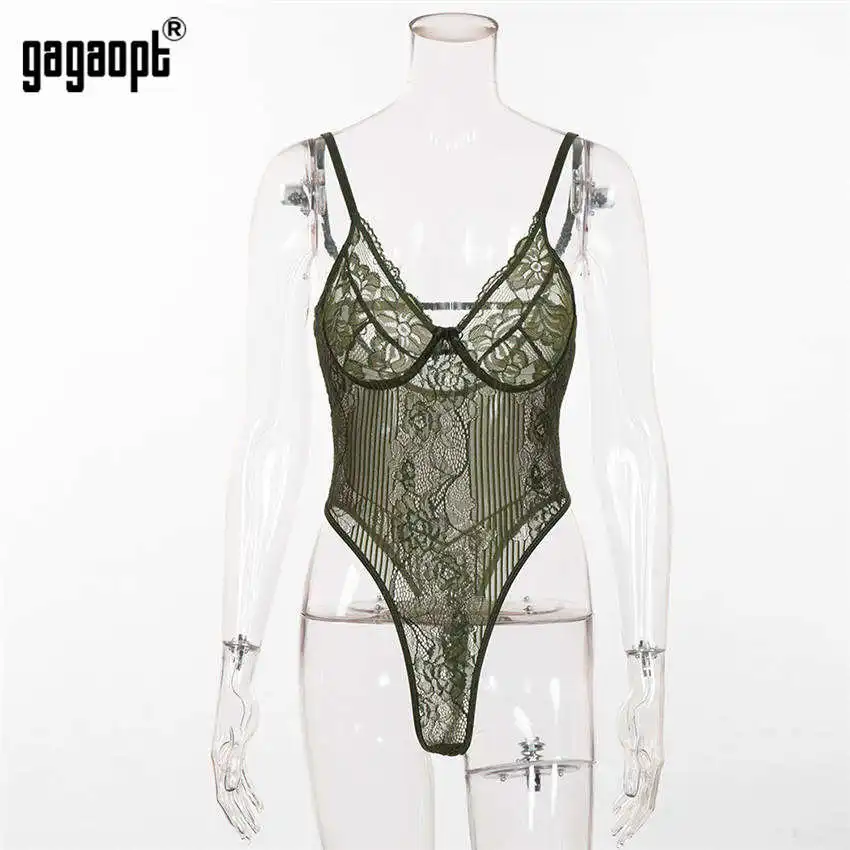 Army Green Gagaopt Весна 16 цветов Кружевное боди для женщин Цветочная вышивка галстук бабочка выдалбливают сексуальное боди комбинезон комбинезоны Вечерние платье платье женское - Цвет: Army Green