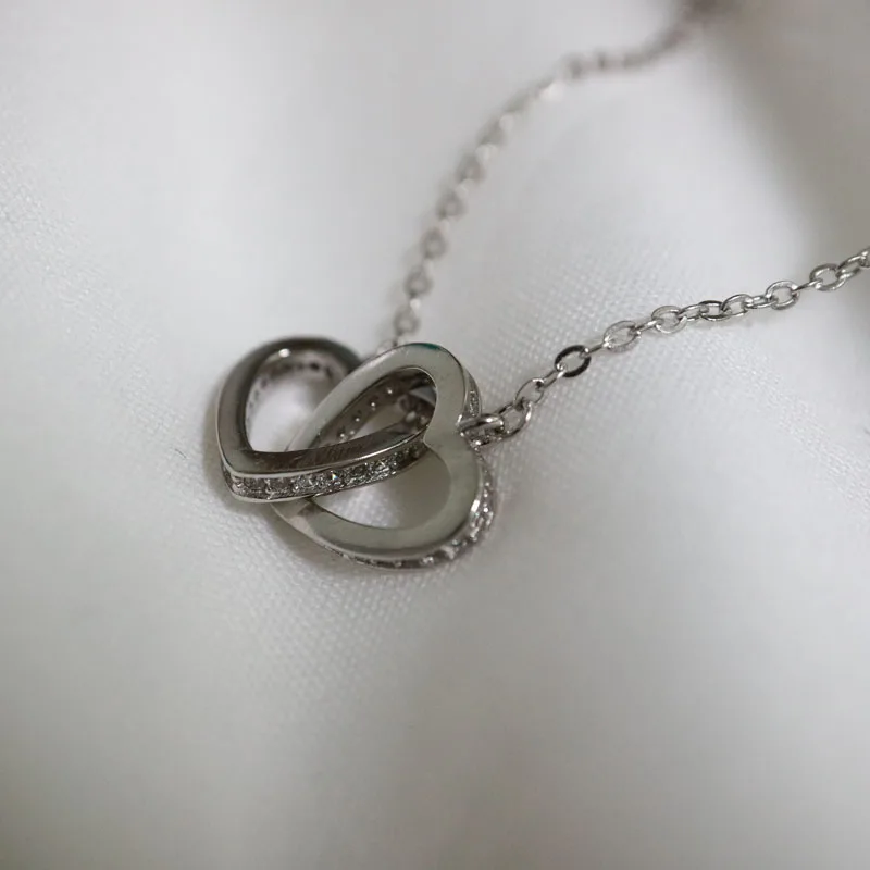 Trendy cubic zirconia double heart S925 sterling silver pendant necklace for women Simple Clavicle chain Valentine's day | Украшения и