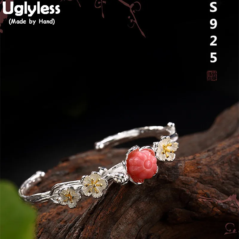 

Uglyless Real 925 Sterling Silver Bijoux Women Romantic Flower Bangles Nature Pink Shell Floral Fine Jewelry Plum Blossom Bangle