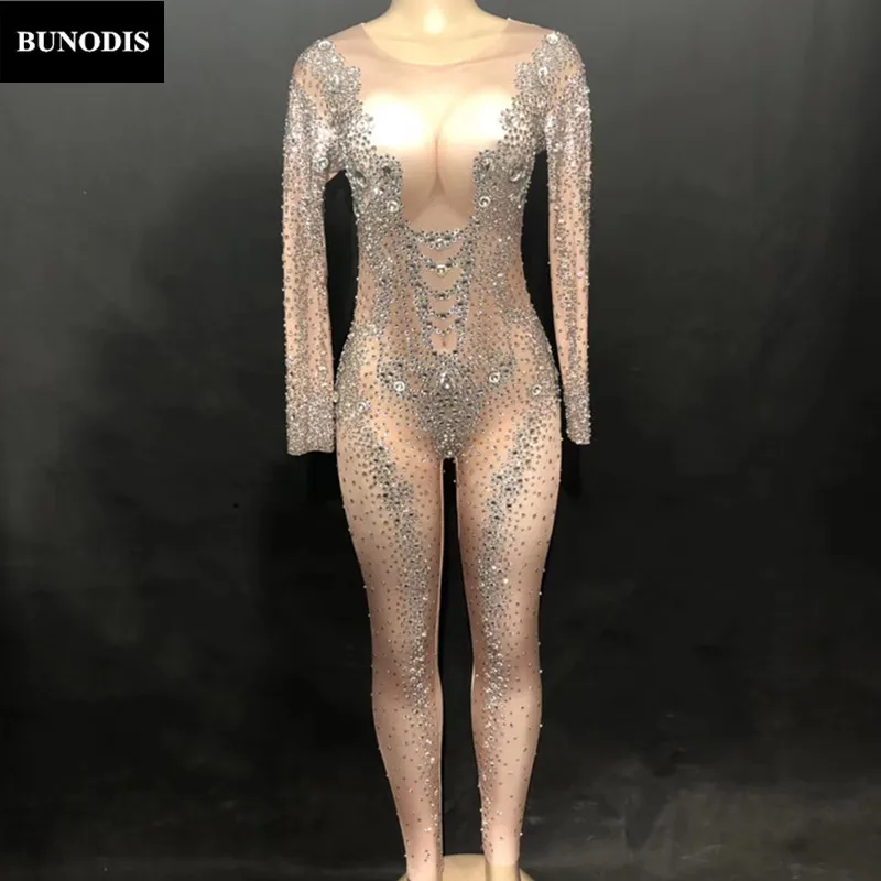ZD251 Women Sexy Skin Color Jumpsuit Sparkling Crystals Bodysuit 3D Printing Chest Nightclub Party Stage Wear Performance