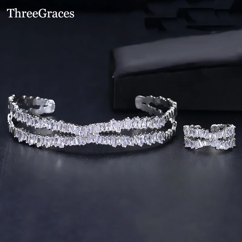 ThreeGraces Punk Style Bracelet Set Big Baguette Cubic Zirconia Stone Adjustable Bangle Ring Sets Ladies Party Jewelry JS230|party jewelry|style
