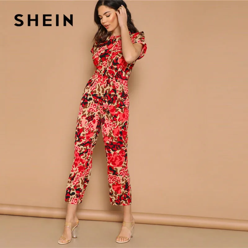 SHEIN Lady Highstreet комбинезон с закатанным рукавом и узлом спереди с леопардовым принтом женский летний повседневный комбинезон с высокой талией