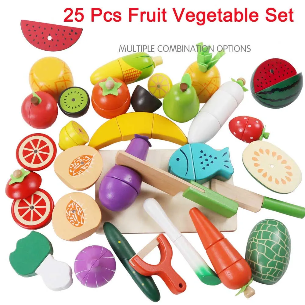 25pcs set Детский деревянный ролевой Игровой Набор для резки овощей, фруктов, кухни, кухонный комплект детских игрушек, деревянный кухонный игровой набор, ролевые игры, еда - Цвет: 25pcs set