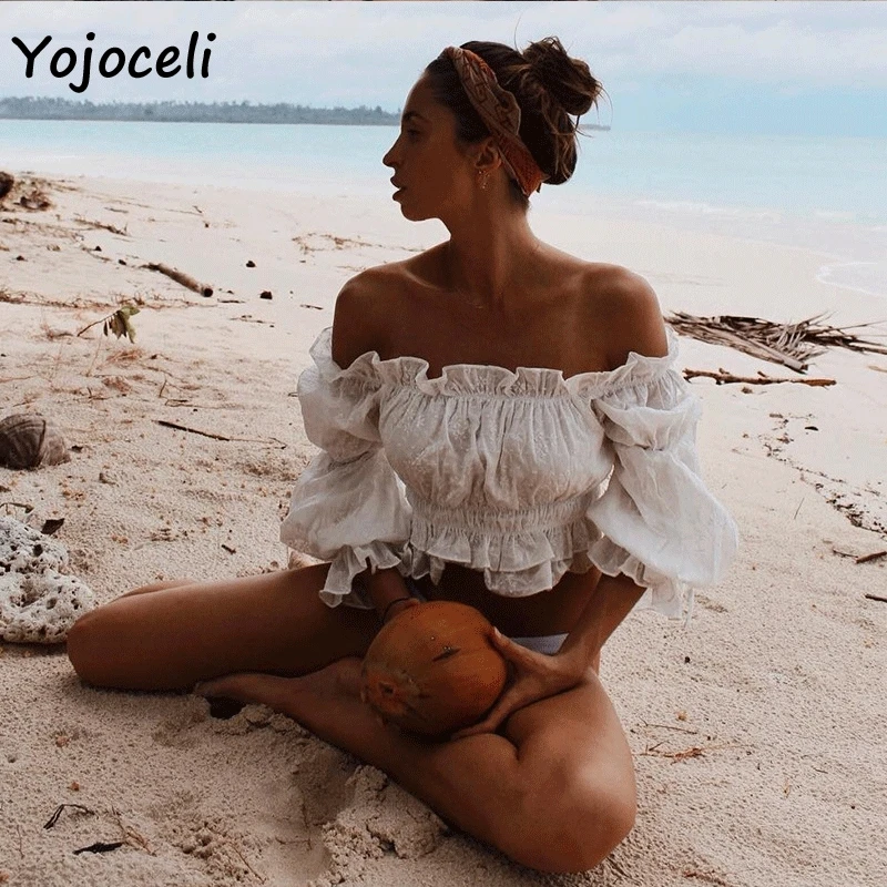 Женская блузка с открытыми плечами Yojoceli Цветочная вышивка пляжные блузы в стиле