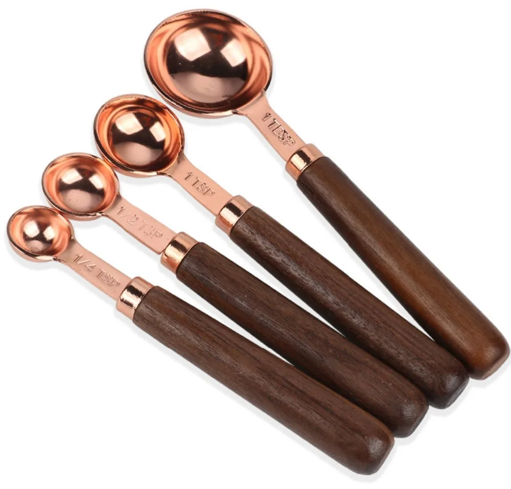 Набор из 4 мерных ложек меди и нержавеющей стали с деревянными ручками кухонные