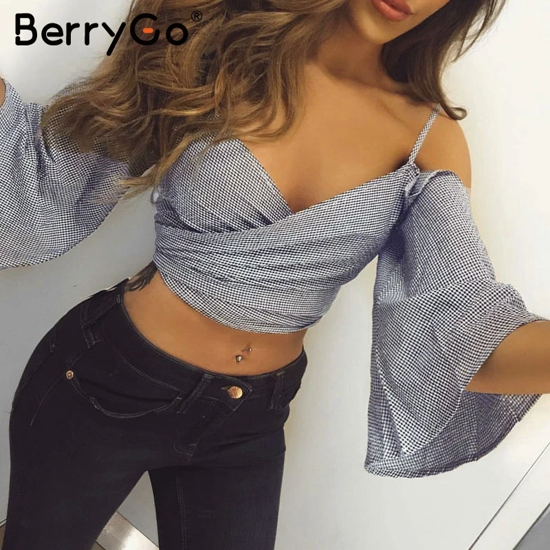 Berrygo сексуальный лук рукав фонарик блузка Femme Модные V шеи плед рубашка Женщины