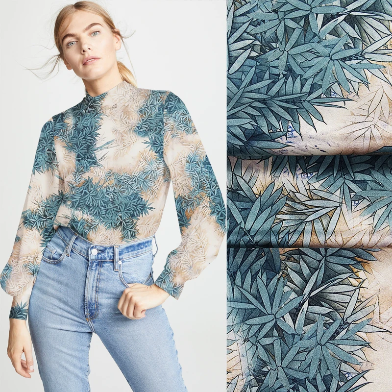 Фото 118CM Wide 19MM Blue Leaves Print Stretch Silk Satin Fabric Good for Summer Dress Skirt Shirt Pants JH076 Дом и сад 118CM Wide 19MM Blue Leaves Print Stretch Silk Satin Fabric Good for Summer Dress Skirt Shirt Pants JH076 Дом и сад